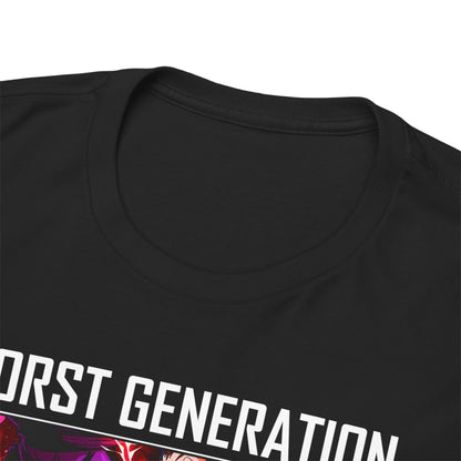 Close-up of the neckline of a luxurious black T-shirt featuring the dynamic design of the"Worst Generation" from One Piece.