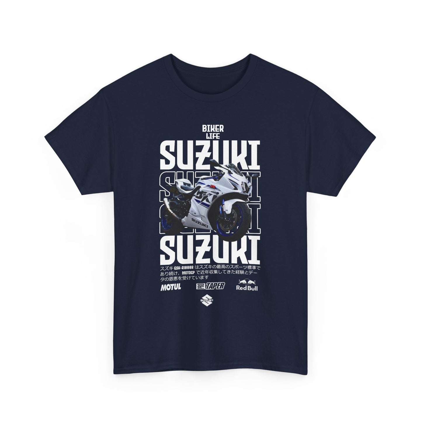 Front view of an exclusive navy Suzuki GSX-R men's t-shirt, featuring bold typography and dynamic motorcycle graphic, ideal for stylish bikers and fans of high performance.