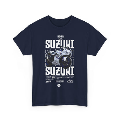 Front view of an exclusive navy Suzuki GSX-R men's t-shirt, featuring bold typography and dynamic motorcycle graphic, ideal for stylish bikers and fans of high performance.