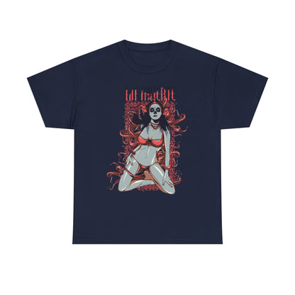Men's elegant navy t-shirt featuring a stunning La Muerte graphic design, showcasing a bold female figure in red lingerie, complemented by artistic swirls and intricate borders.