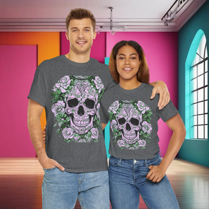 Fashion-forward couple wearing matching Skulls and Roses Cotton Tees, exemplifying stylish unisex fashion with a luxurious edge.
