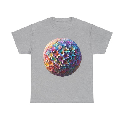 Iridescent Floral Sphere Unisex Cotton Tee Graphic T Shirt in heather grey showcasing a beautiful iridescent floral sphere, designed for a luxurious and comfortable fit.