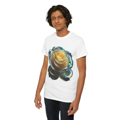 Model showcasing The Ethereal Rose Tee Unisex Cotton Graphic T-Shirt, adorned with a captivating rose design, ideal for adding an elegant touch to casual or chic outfits.
