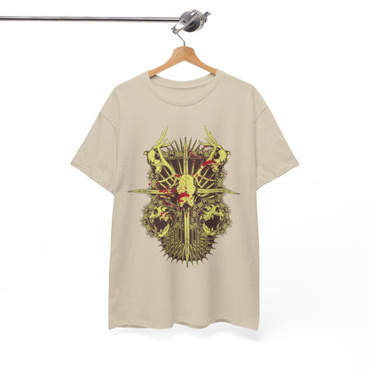 Stylish hanging display of a men's artistic t-shirt adorned with a captivating skull and antler motif, perfect for showcasing unique fashion choices.
