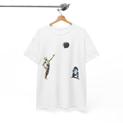Luxury Star Wars T-Shirt featuring C-3PO and R2-D2 playfully depicted with a Death Star balloon, perfect for immersed fans.