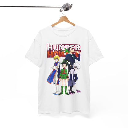Elegant Hunter x Hunter T-Shirt displayed on a wooden hanger, showcasing detailed graphic of anime heroes in a stylish design, ideal for fashionable fans.