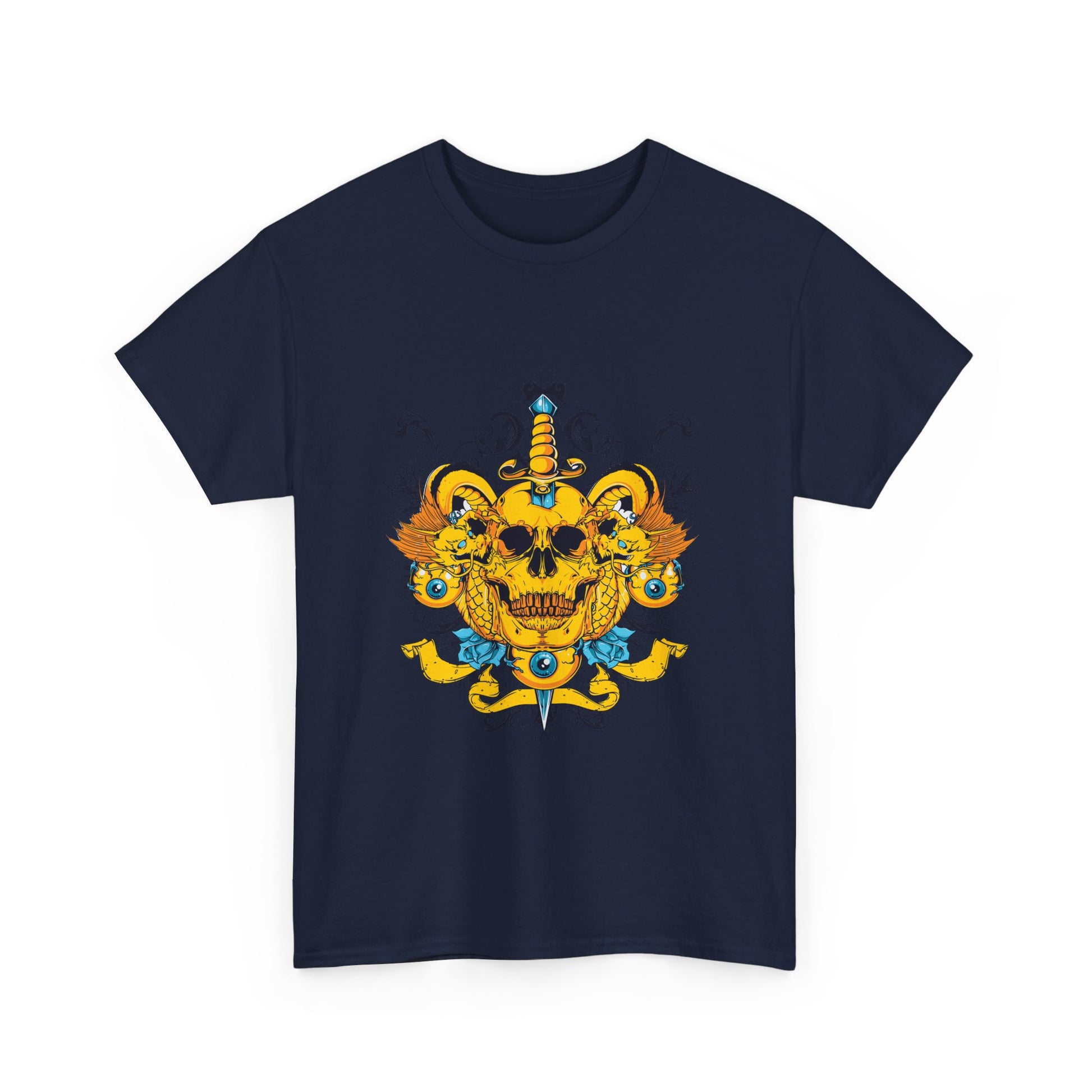 Front view of the elegant Dagger of Destiny Men's T-Shirt in navy blue, featuring an exquisite baroque skull motif, complemented by vibrant dragon accents and ornate details, crafted for a luxurious look.