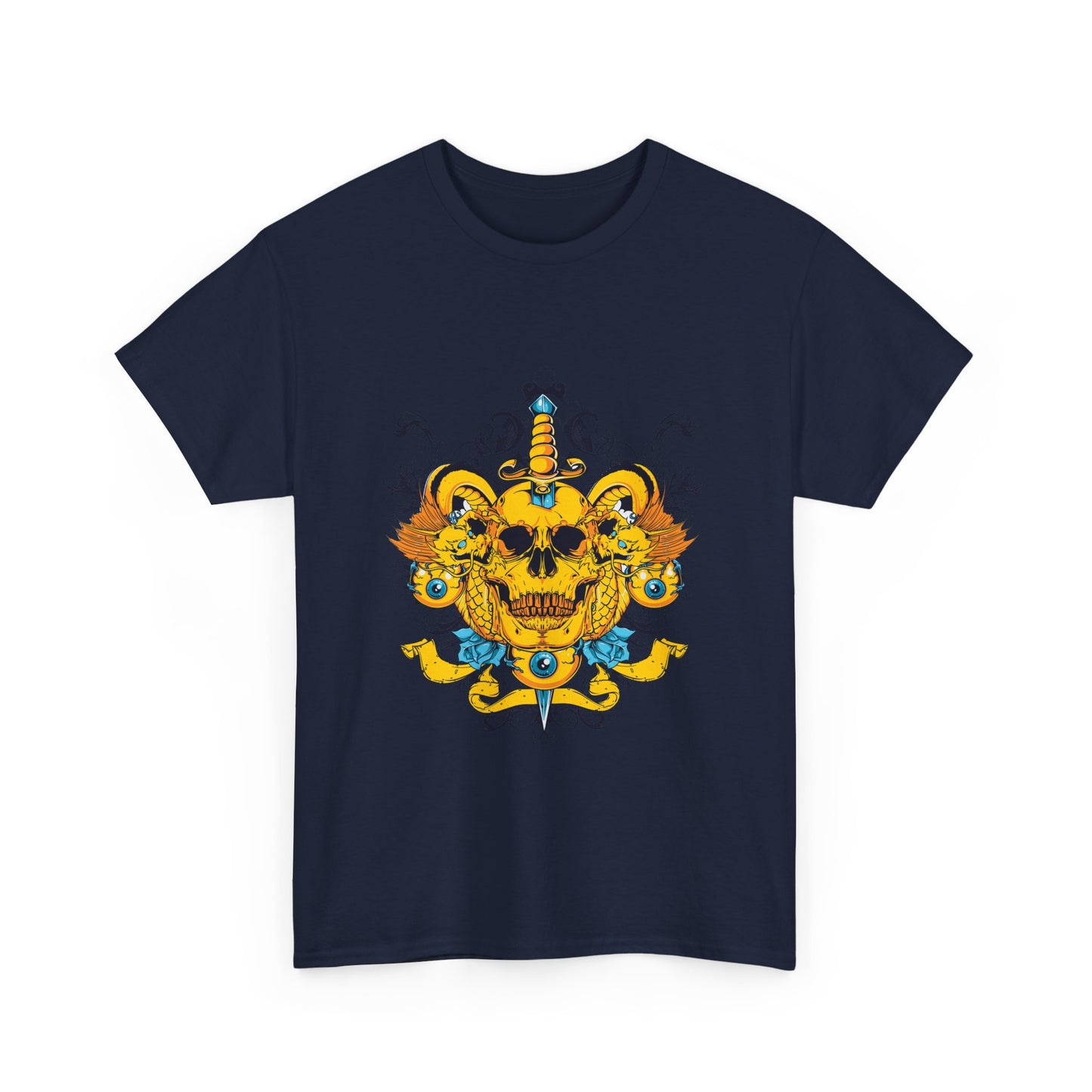 Dagger of Destiny Urban Skull Art Tee for men featuring an ornate design with a golden skull, blue dagger, and intricate dragon motifs, perfect for showcasing a bold and edgy style.