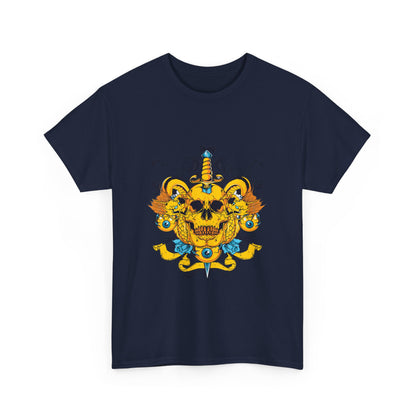 Dagger of Destiny Urban Skull Art Tee for men featuring an ornate design with a golden skull, blue dagger, and intricate dragon motifs, perfect for showcasing a bold and edgy style.