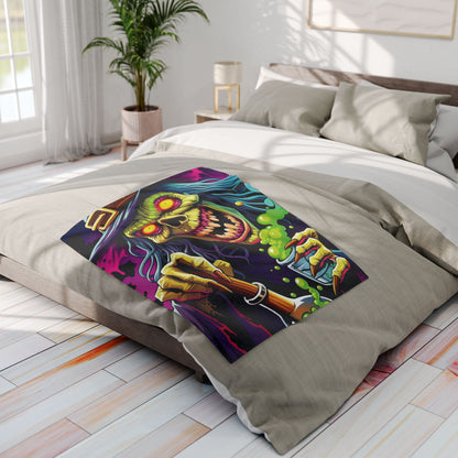 Decorative and Warm Halloween Spooky Arctic Fleece Blanket displayed on a bed, featuring striking artwork of a spooky figure, enhances the Halloween spirit.