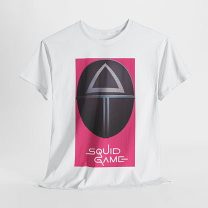 Elegant Squid Game unisex men's and women's graphic cotton t-shirt featuring a striking design with the iconic triangle mask on a vibrant pink background. A bold statement piece for fans who appreciate unique streetwear style.