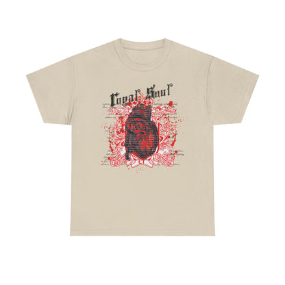 Elegant beige men's graphic t-shirt displaying a detailed anatomical heart graphic with ornate floral swirls and gothic text 'Cogal Soul', evoking a vintage yet contemporary aesthetic.