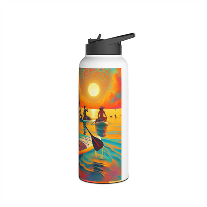 Fantasy Paddleboarding Stainless Steel Water Bottle featuring a vibrant sunset design with paddleboarders against a picturesque waterscape, embodying adventure and elegance for hydration on outdoor escapades.