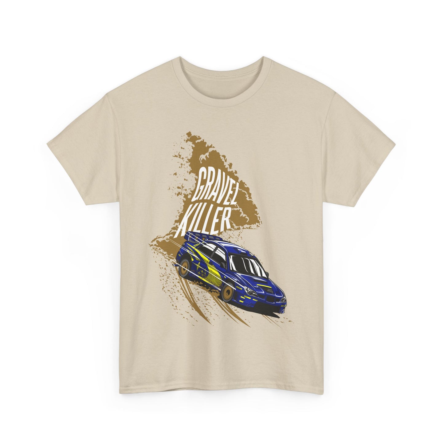 Striking beige t-shirt adorned with dynamic rally car graphics and bold 'GRAVEL KILLER' text, representing a passion for motorsports.