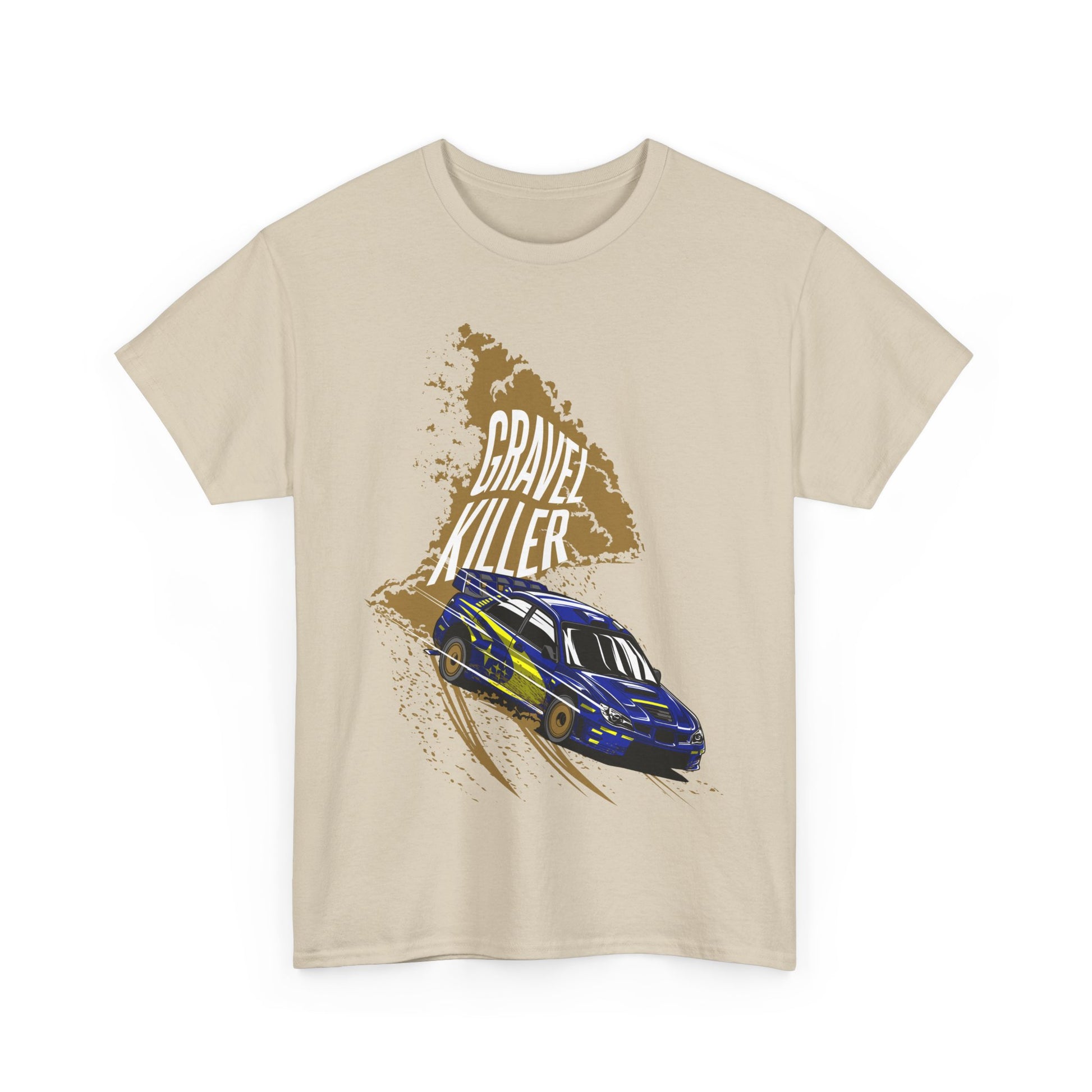 Striking beige t-shirt adorned with dynamic rally car graphics and bold 'GRAVEL KILLER' text, representing a passion for motorsports.