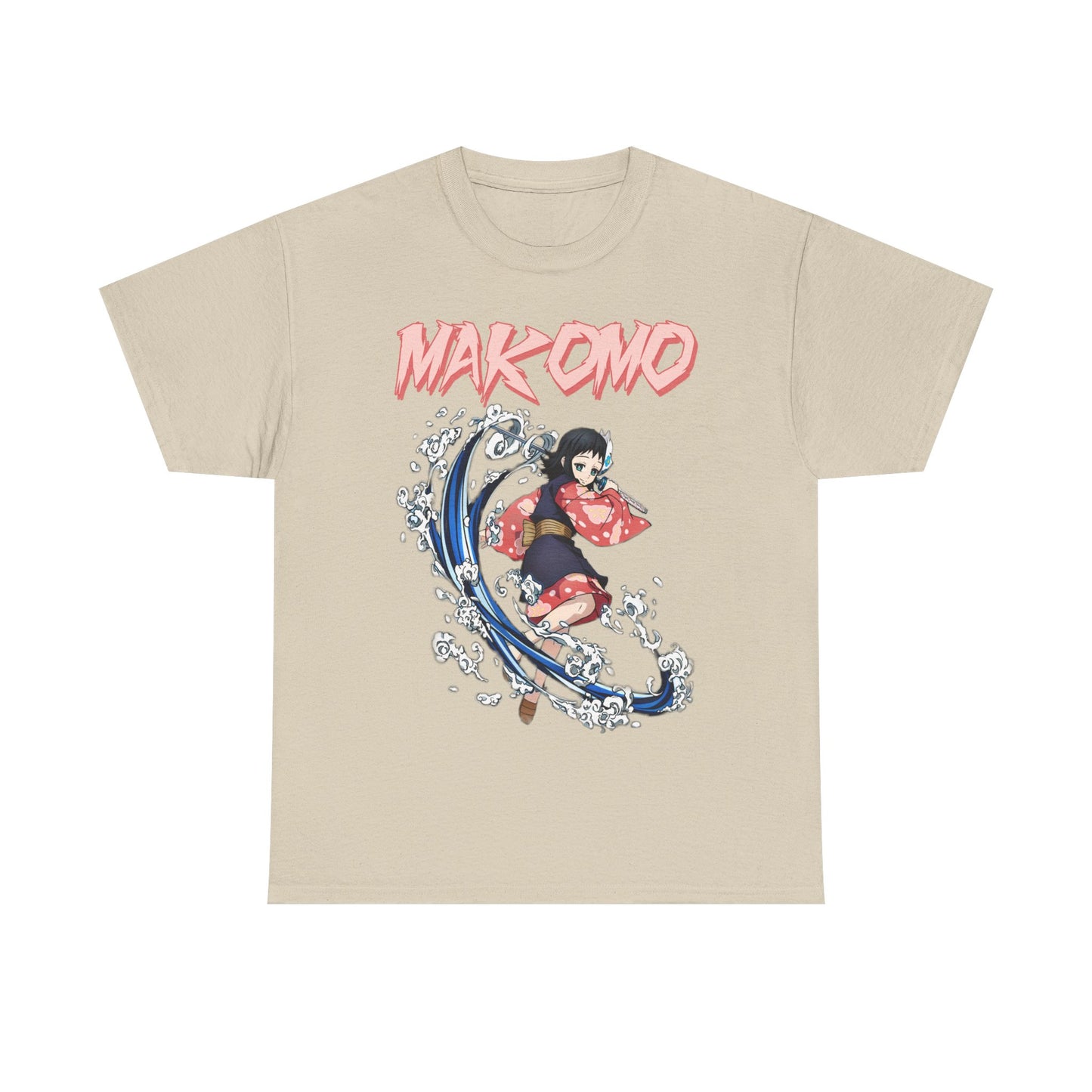 Luxurious beige Makomo anime T-shirt displaying a captivating image of the character in motion, adorned with swirling water elements and bold pink text, making a standout fashion statement.