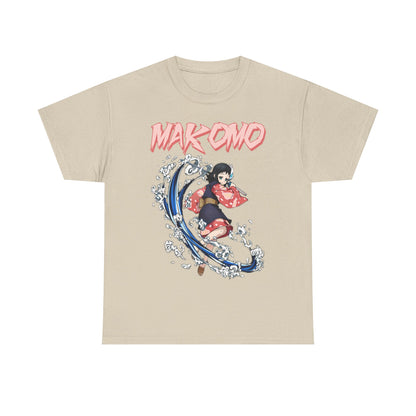 Luxurious beige Makomo anime T-shirt displaying a captivating image of the character in motion, adorned with swirling water elements and bold pink text, making a standout fashion statement.