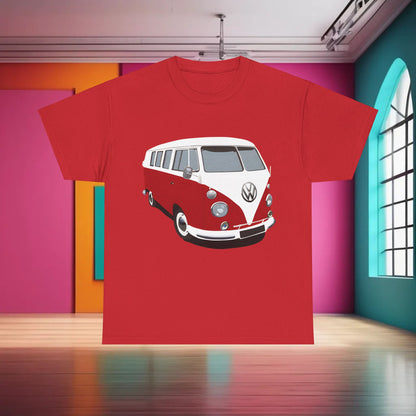 VW Camper Van Graphic T-Shirt Urban Unisex Cotton Tee in red featuring an elegant depiction of a red and white Volkswagen Bus, a stylish choice for wanderlust enthusiasts.