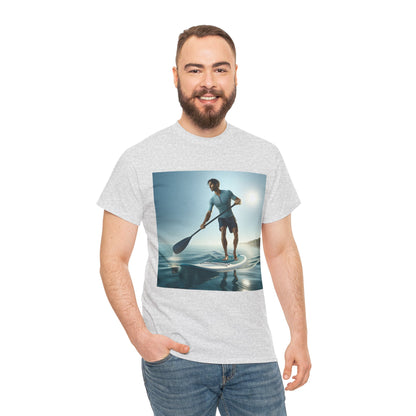 Lifestyle image of the Delightfull Paddle Board Adventure T-Shirt worn by an adventurer, embodying a passion for water sports from Dazzling Dreams Studio.