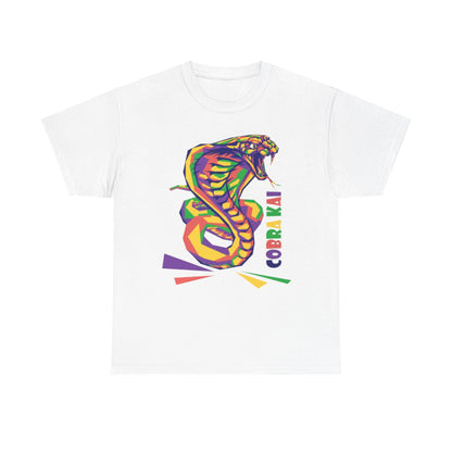 Luxury unisex Cobra Kai graphic t-shirt featuring a vibrant, polygonal snake design, perfect for martial arts enthusiasts.