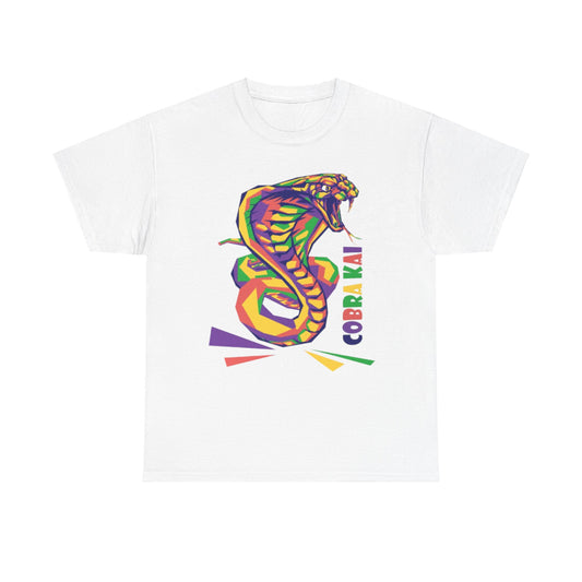 Luxury unisex Cobra Kai graphic t-shirt featuring a vibrant, polygonal snake design, perfect for martial arts enthusiasts.