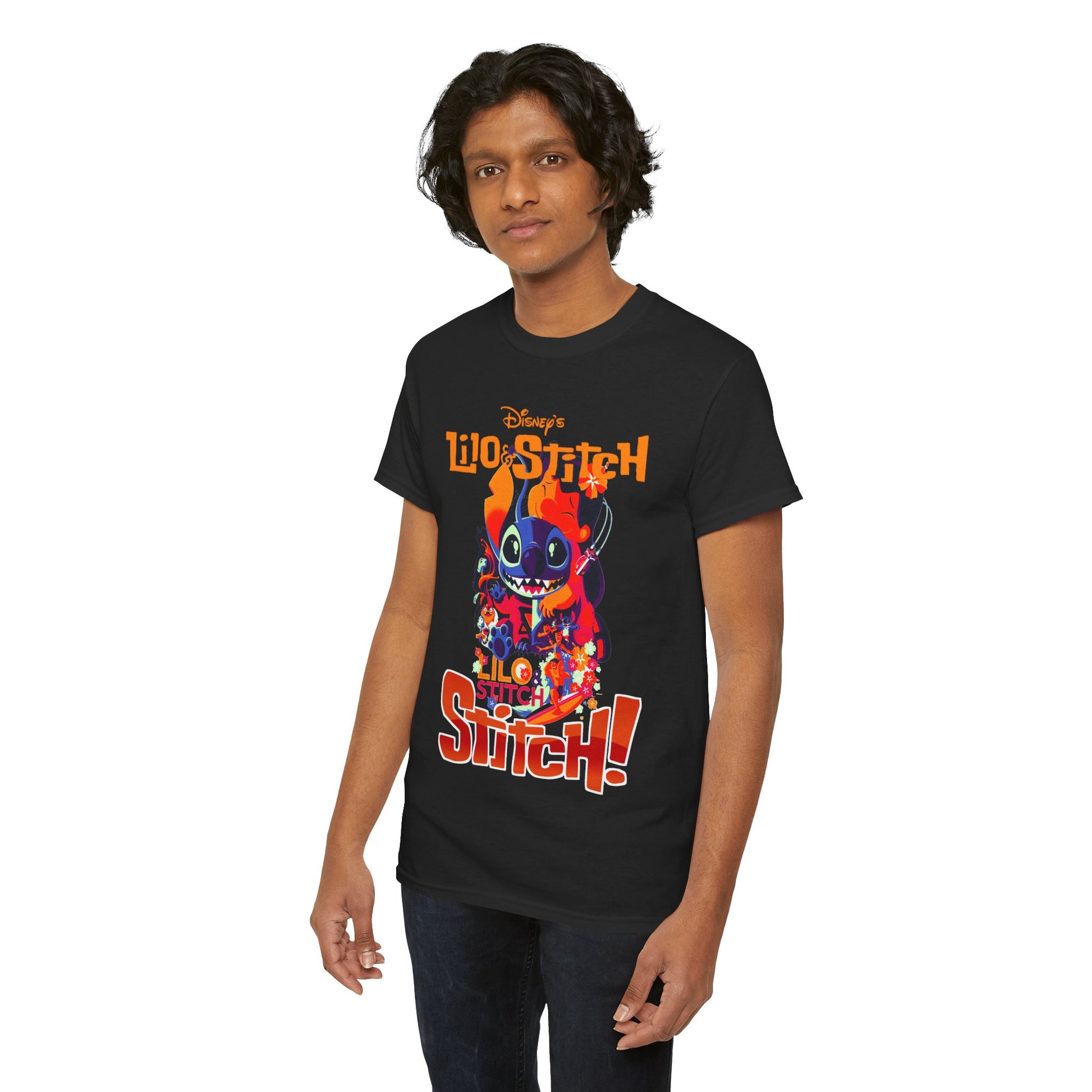 A model elegantly wearing a black Lilo & Stitch graphic t-shirt, featuring vibrant artwork, showcasing a bold fashion statement for Disney lovers.