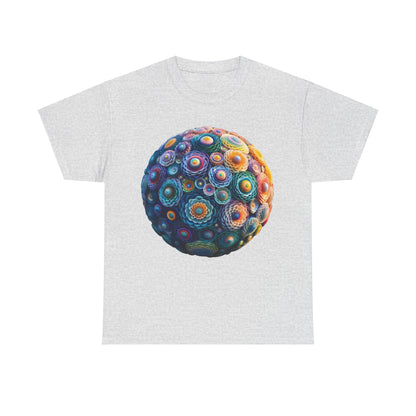 Iridescent Floral Sphere Unisex Cotton Tee Graphic T-Shirt in grey, displaying unique iridescent floral sphere graphic, a luxurious addition to your fashion collection.
