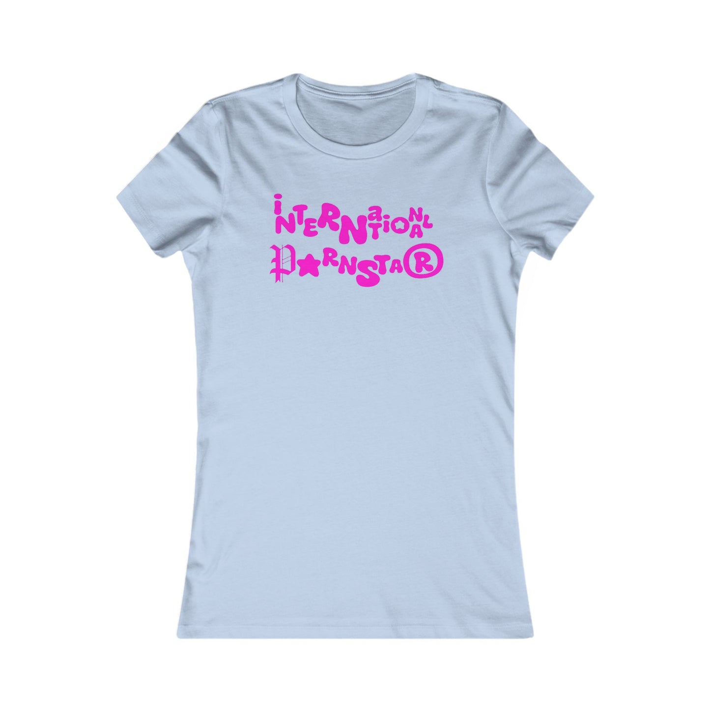 Sophisticated light blue fitted t-shirt showcasing a fun pink graphic with the phrase 'International Superstar®', combining comfort with playful elegance.