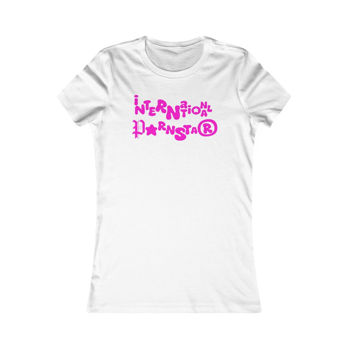Elegant white fitted t-shirt featuring playful pink text design that reads 'International Superstar®', exuding chic humour and style.