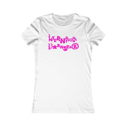 Elegant white fitted t-shirt featuring playful pink text design that reads 'International Superstar®', exuding chic humour and style.