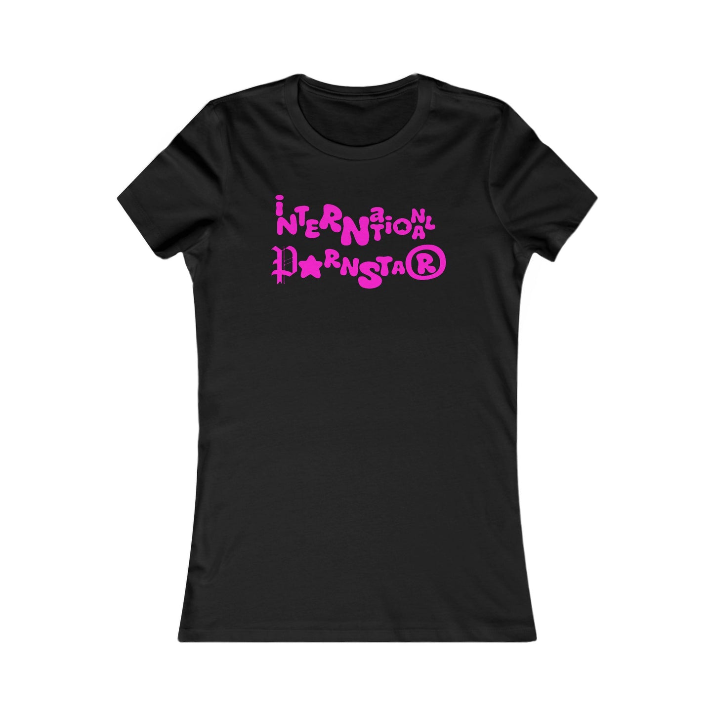 Chic women's fitted t-shirt showcasing the eye-catching phrase 'International Superstar' in striking pink on a sophisticated black backdrop, perfect for those seeking a blend of humour and style.