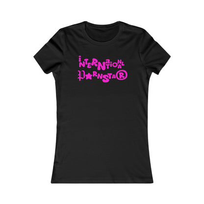 Chic women's fitted t-shirt showcasing the eye-catching phrase 'International Superstar' in striking pink on a sophisticated black backdrop, perfect for those seeking a blend of humour and style.