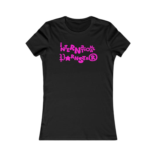 Chic black fitted t-shirt showcasing a vibrant pink 'International Superstar' graphic design, ideal for fashionable women who embrace humour and confidence in their wardrobe.