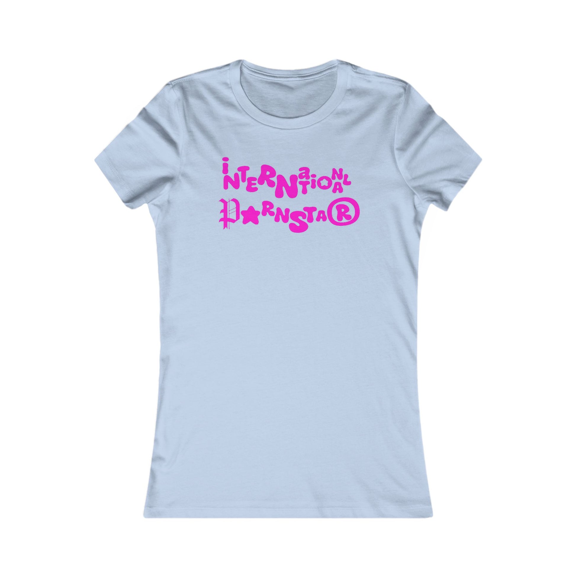 Refined women's fitted t-shirt adorned with the whimsical text 'International Superstar' in lively pink set on a soft blue canvas, a must-have piece for confident women who appreciate fashionable fun.