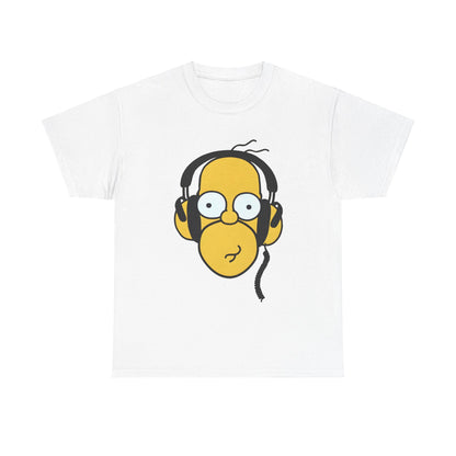 Elegant white unisex t-shirt displaying a cheerful Homer Simpson in headphones, titled 'Hear the Hilarity Homer Simpson Headphones Tee'. A must-have for stylish fans.
