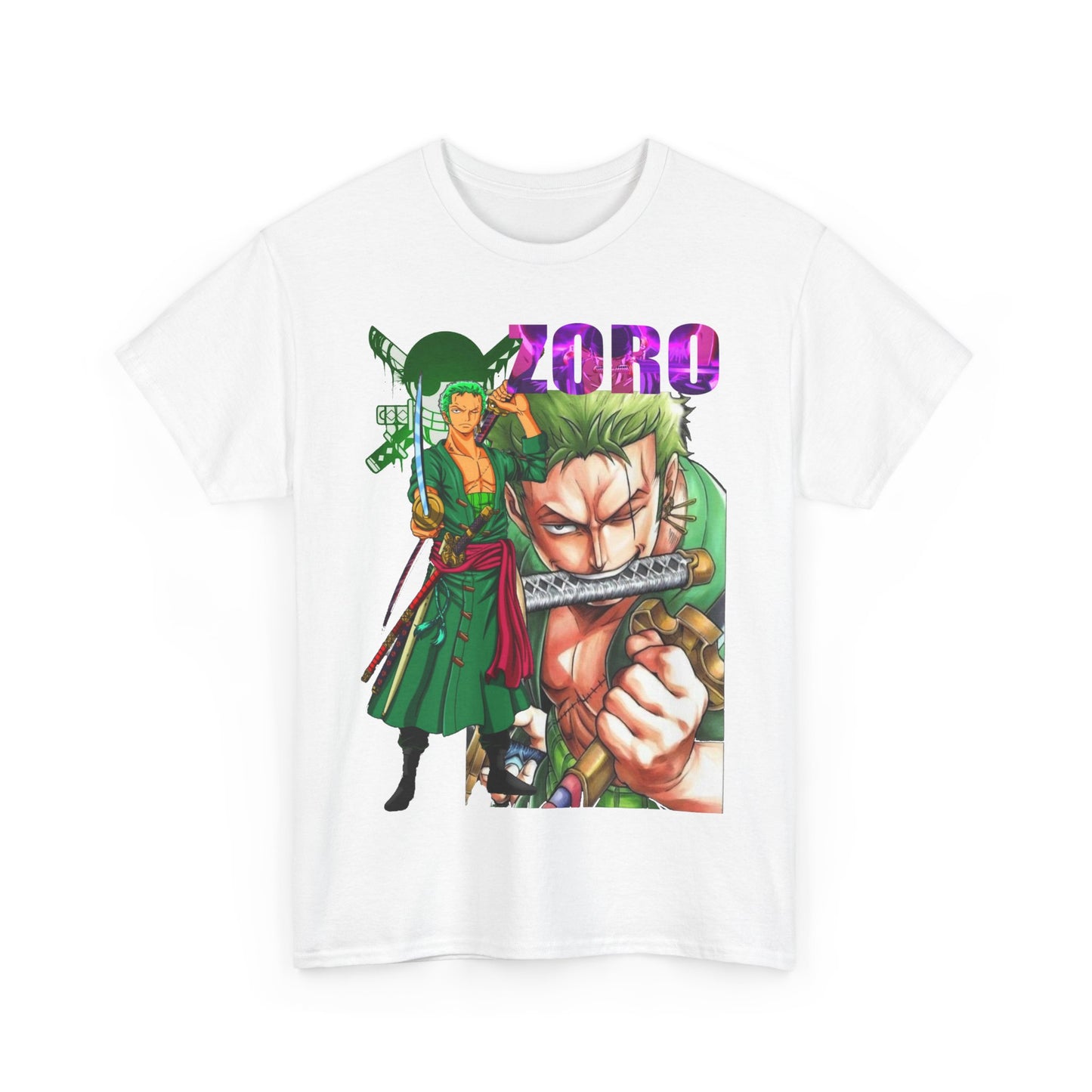 Stylish folding display of a Roronoa Zoro t-shirt, featuring eye-catching anime graphics and rich hues, ideal for discerning fashion enthusiasts.