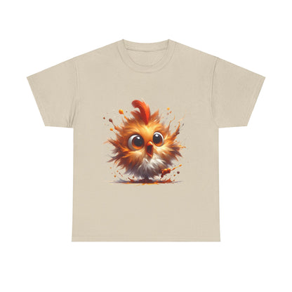 Explosive Joy Tee - Cartoon Bird Edition: An exquisite unisex cotton tee showcasing a delightful cartoon bird illustration, set against a creamy beige background, ideal for sophisticated leisure wear.