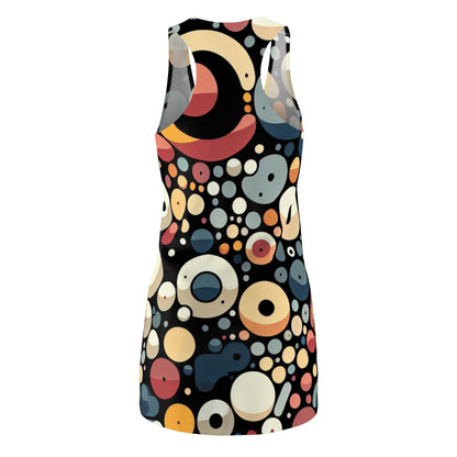 Back view of the Chic Modern Blobs Pattern Racerback Dress, showcasing its contemporary abstract pattern and elegant silhouette, ideal for fashionable occasions.