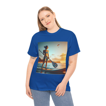 Artistic view of the Delightfull Paddle Board Scene T-Shirt styled with beachwear, reflecting the luxury lifestyle promoted by Dazzling Dreams Studio.