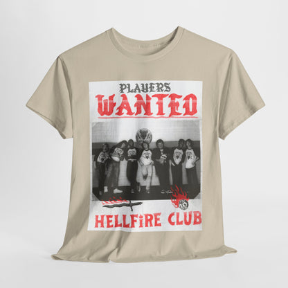 Luxurious beige graphic t-shirt featuring the iconic 'Hellfire Club' design from Stranger Things with bold red lettering stating 'PLAYERS WANTED'. Perfect for fashion-forward fans.