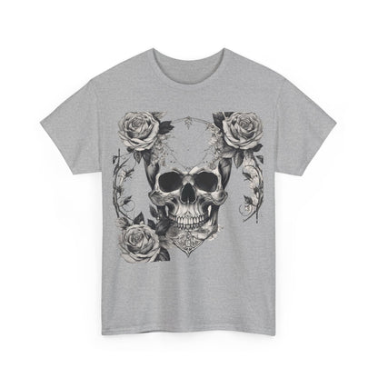 Front view of the Skulls and Roses Cotton Tee, Unisex Graphic Shirt in grey highlighting intricate artwork of a skull adorned with roses for a bold fashion statement.