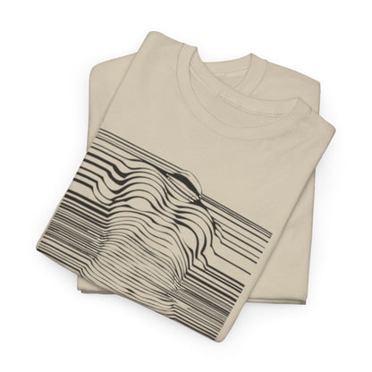 Stylishly folded beige optical illusion t-shirts, displaying intricate black line art of a human silhouette, ideal for creative fashion enthusiasts.