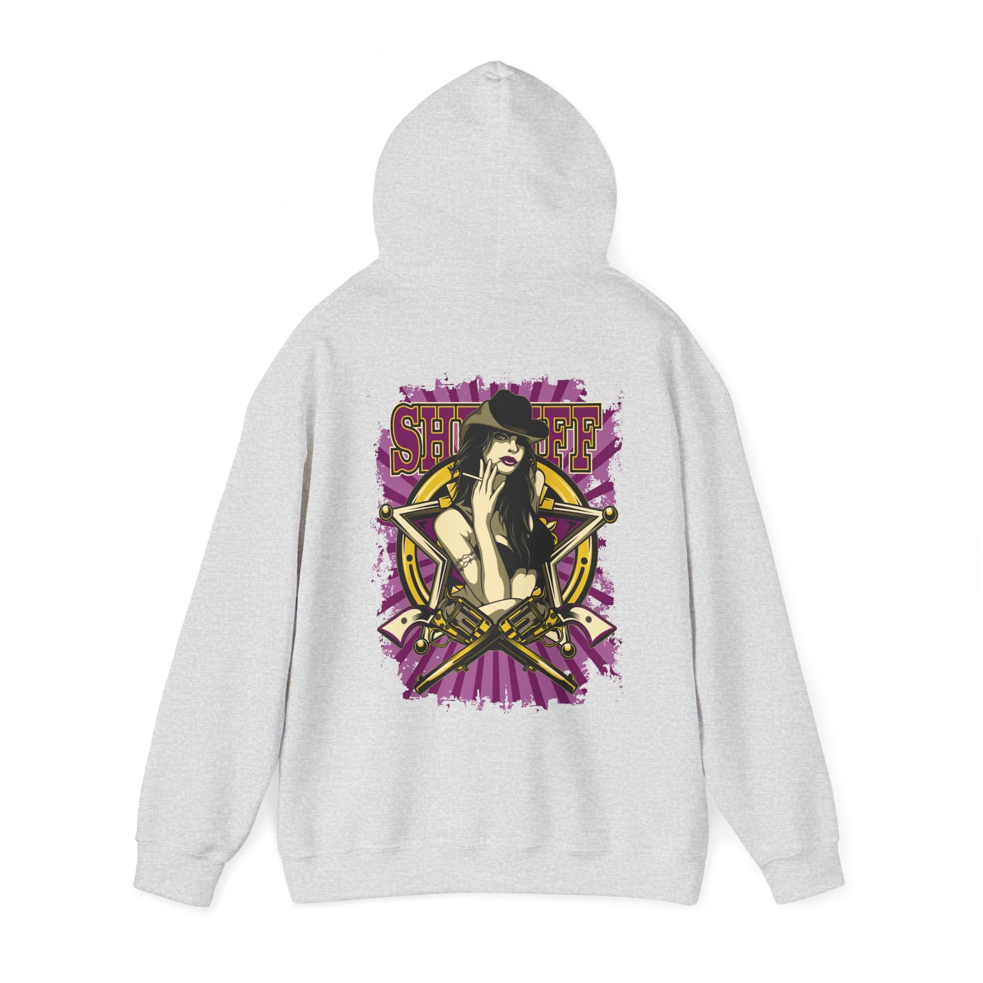 Back view of the Empowered Sheriff hoodie in grey, featuring an artistic graphic of a bold woman, cowboy hat, and crossed revolvers, adding a touch of luxury to any outfit.