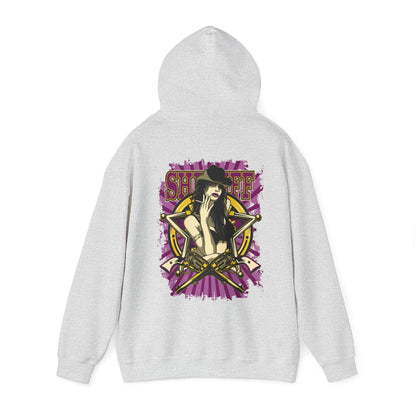 Back view of the Empowered Sheriff hoodie in grey, featuring an artistic graphic of a bold woman, cowboy hat, and crossed revolvers, adding a touch of luxury to any outfit.