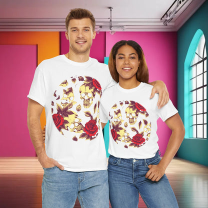 Skulls and Roses Cotton Tee, Unisex Graphic Shirt - displayed on models wearing white, featuring detailed steampunk-style graphic of skulls and roses.