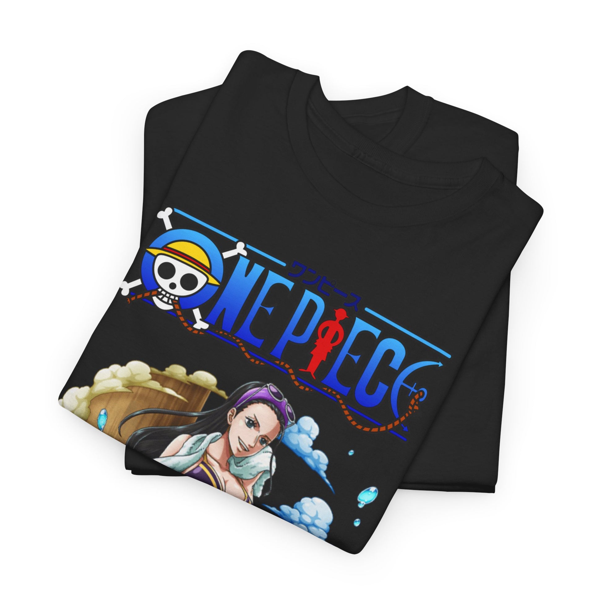 Premium quality men's t-shirt featuring a vibrant illustration of Nico Robin from One Piece, showcasing her in an adventurous pose with beautiful colours on a sleek black fabric.