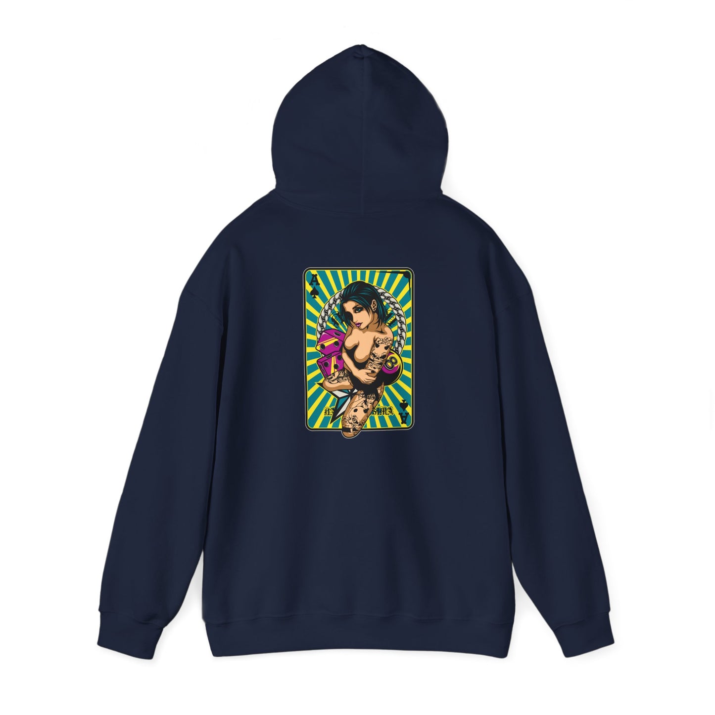 Elegant navy hoodie showcasing a bold back artwork of a tattooed woman, ideal for expressing individuality with luxury.