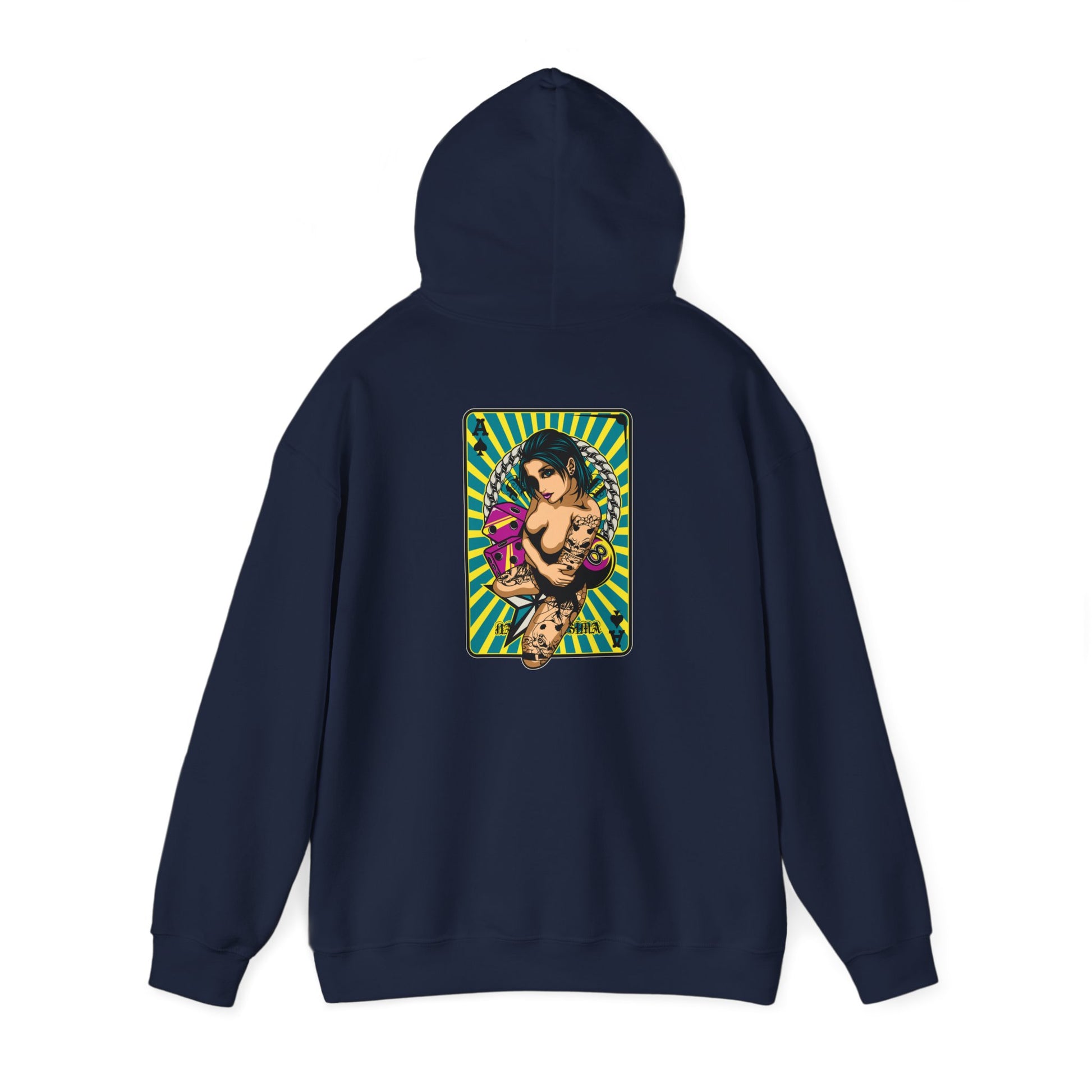Elegant navy hoodie showcasing a bold back artwork of a tattooed woman, ideal for expressing individuality with luxury.