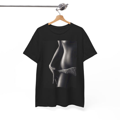 Stylish black t-shirt hanging, showcasing a bold grayscale design of a woman's curves, exuding a sophisticated blend of artistry and humour.
