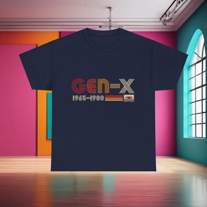 Stylish Gen X 1965 - 1980 Graphic T-Shirt in navy, showcasing vibrant retro graphics and a chic cassette tape illustration, ideal for discerning fashion aficionados.